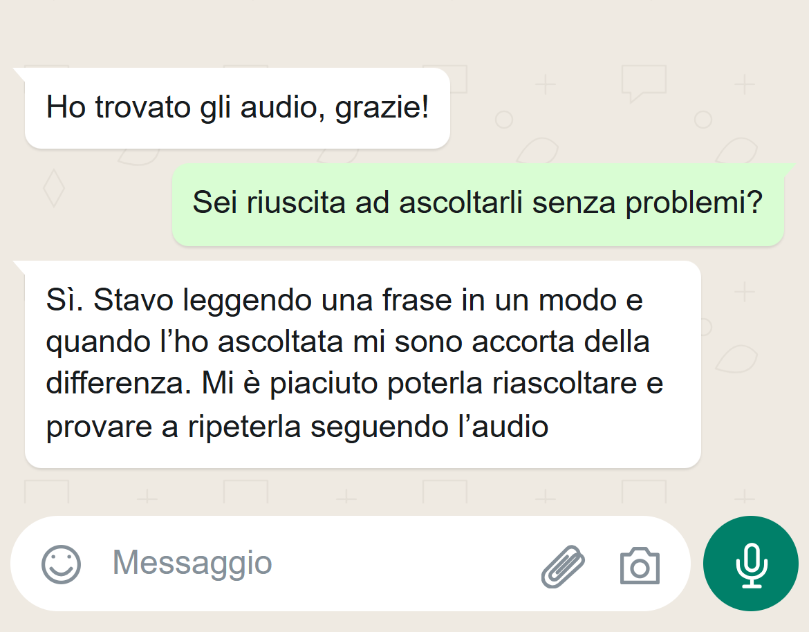Conversazione con Elena sull'ascolto degli audio di pronuncia
