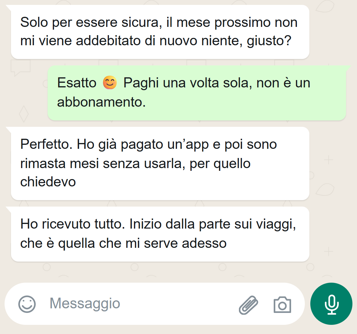 Conversazione con Silvia sul pagamento unico e i materiali di viaggio