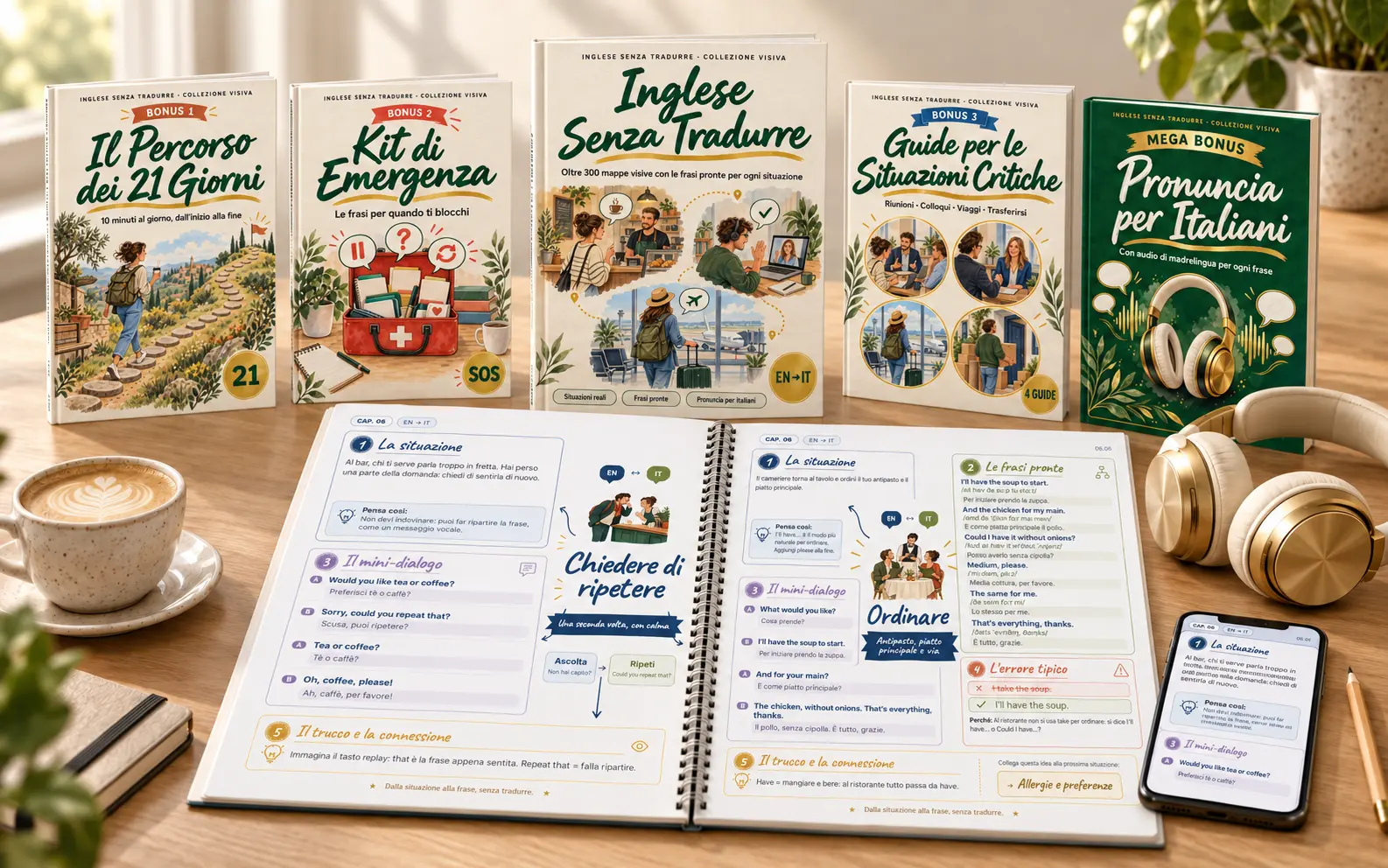Kit Inglese Senza Tradurre con libro principale e 4 bonus su un tavolo di legno