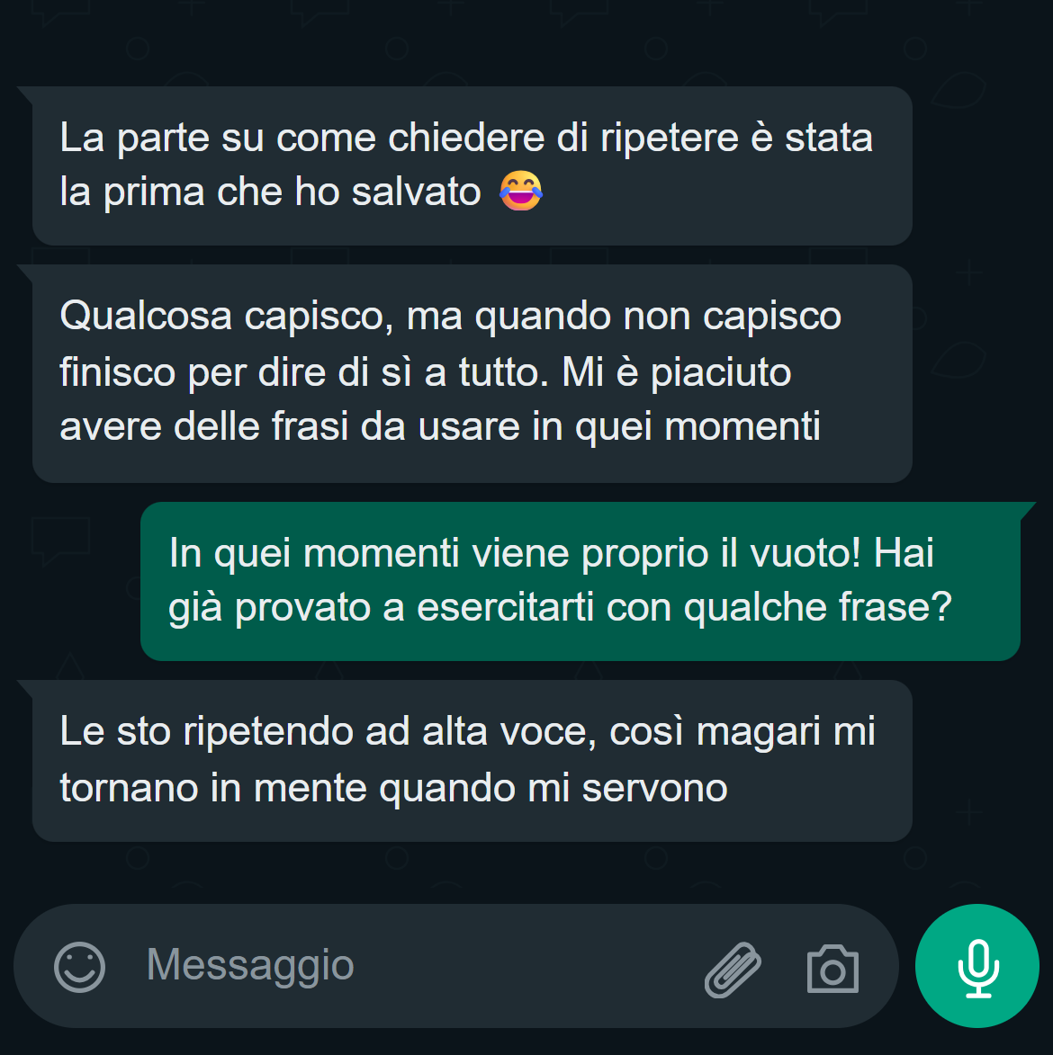 Conversazione con Laura sulle frasi per chiedere di ripetere