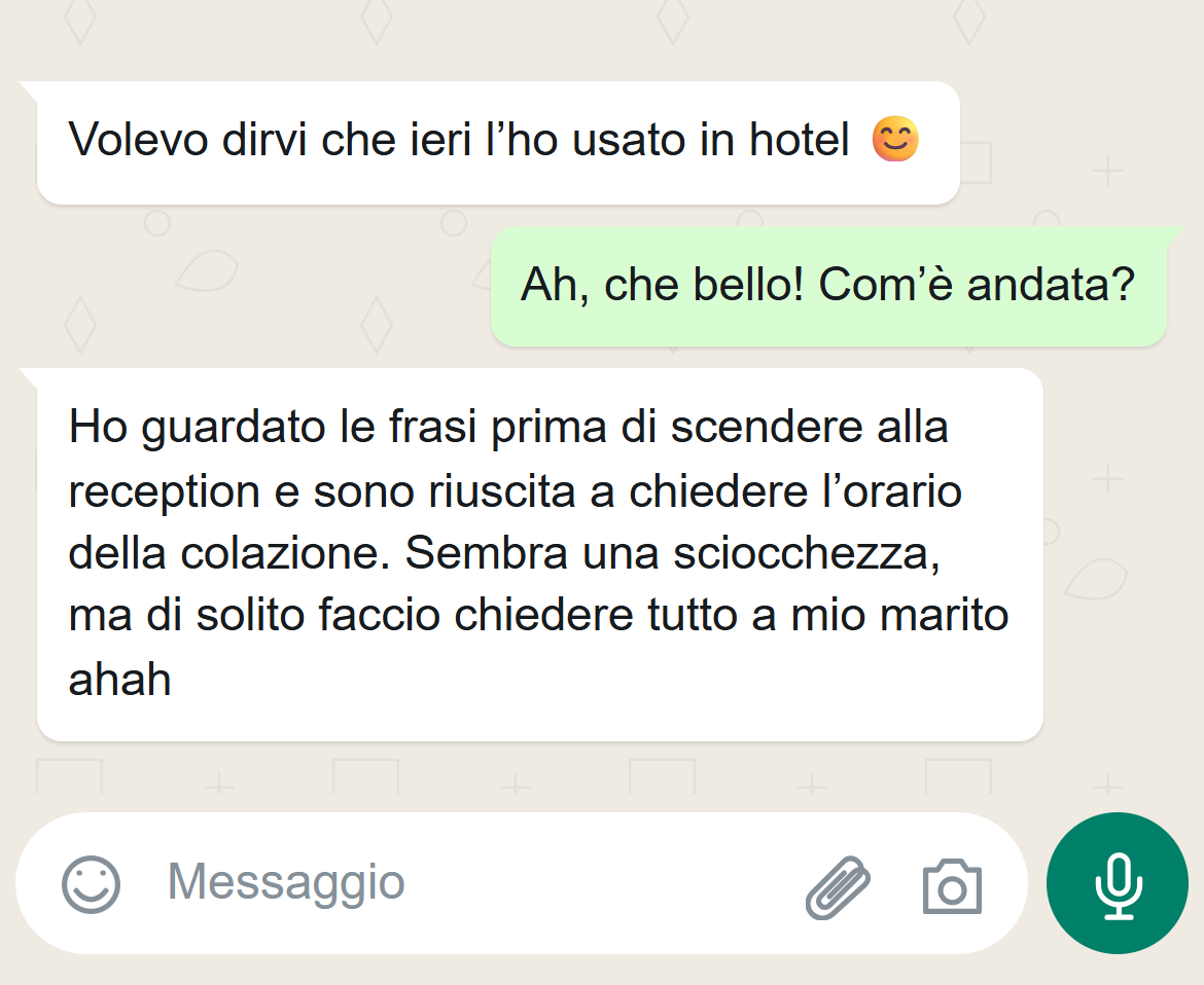 Conversazione con Paola sull'uso delle frasi alla reception di un hotel